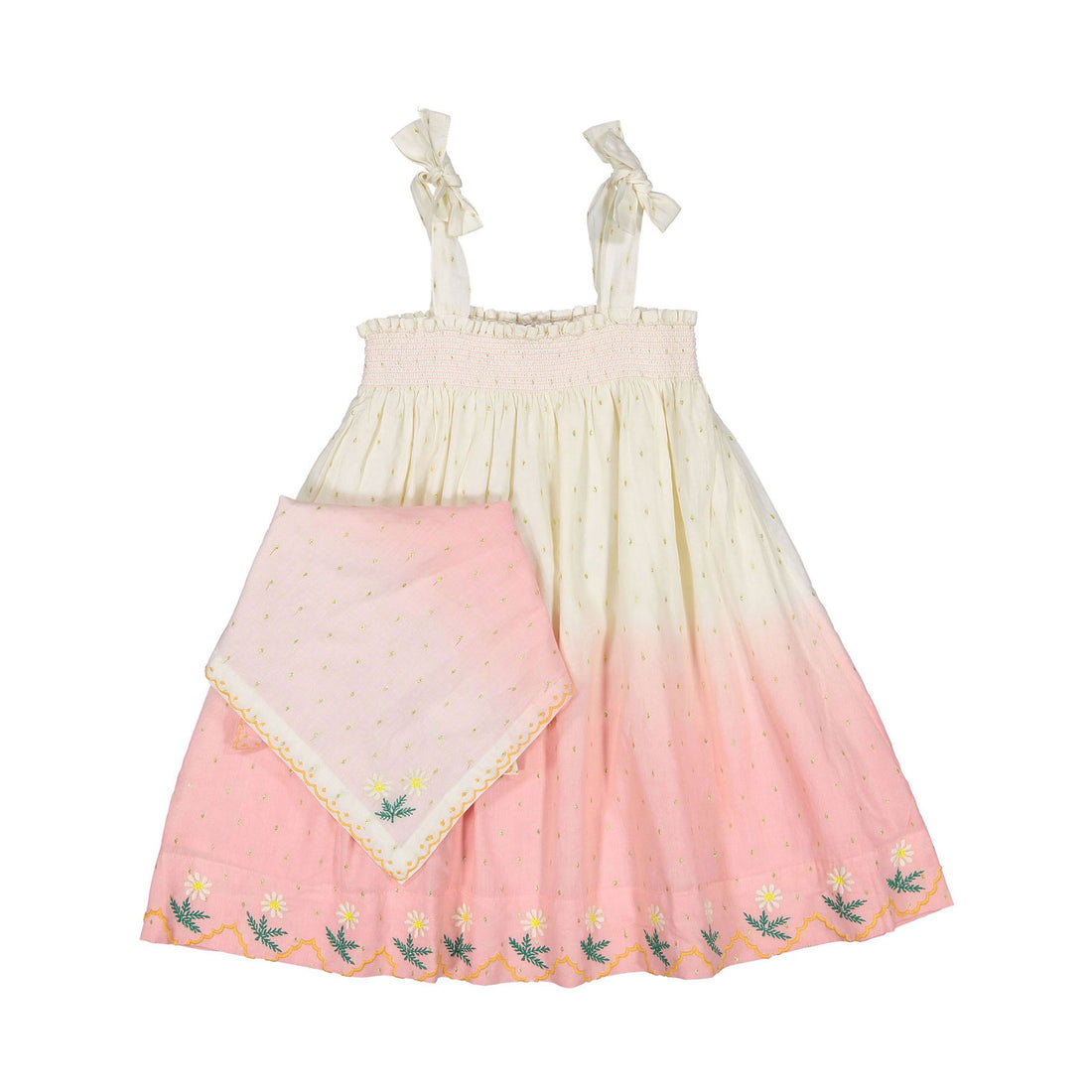 Bonjour Dip Dye Skirt Dress With Embroidery + Scarf - Ecru Gold Dot