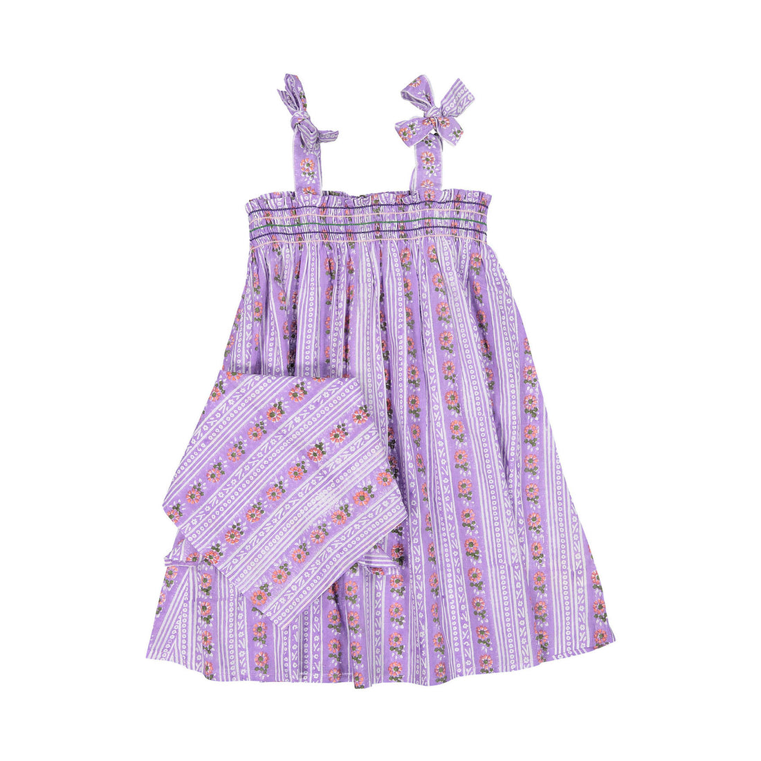 Bonjour Skirt Dress With - Purple Hand Block Flower Stripe Print - Coton Voile