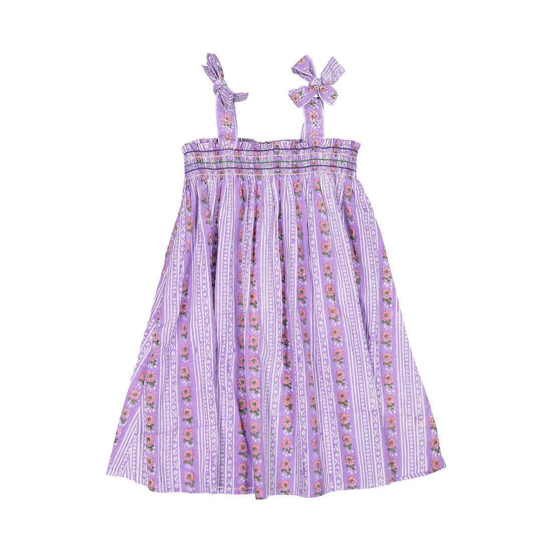 Bonjour Skirt Dress With - Purple Hand Block Flower Stripe Print - Coton Voile