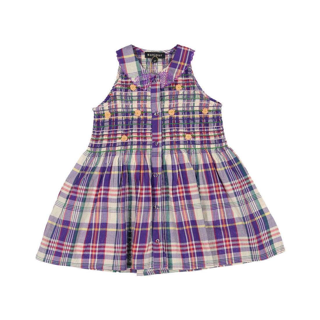 Bonjour Ibiza Top With Embroidery & Smocking - Purple Check