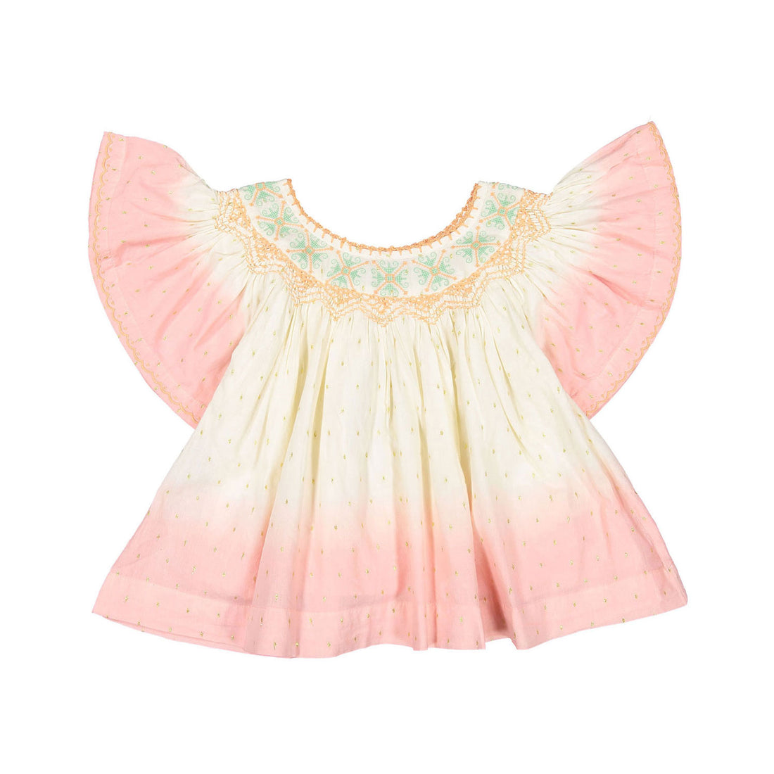 Bonjour Dip Dye Butterfly Blouse With Embroidery - Ecru Gold Dot