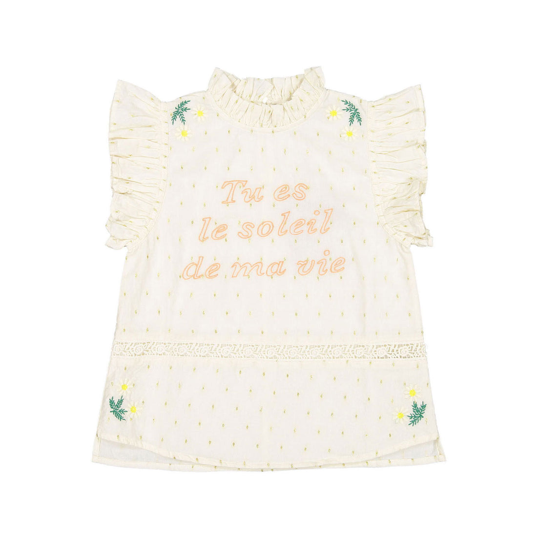 Bonjour Top With Flounce - Ecru Gold Dot Fabric