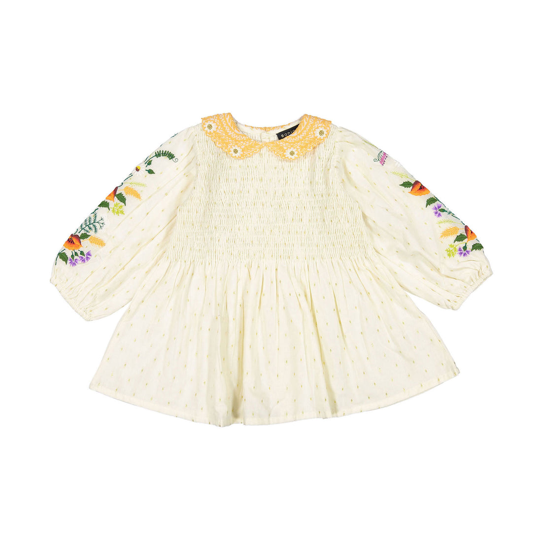 Bonjour Tunique Blouse With Embrloidery Collar & Sleeve - Ecru Gold Dot Fabric