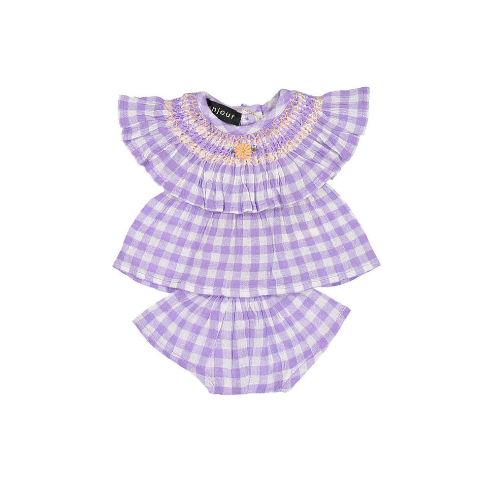 Bonjour Doll Dress With Panties - Violet Gingham Crepon Voile