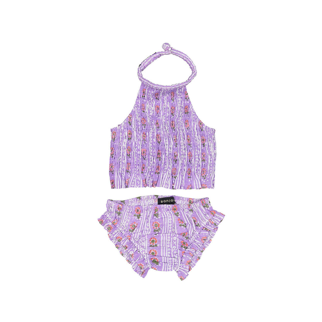 Bonjour Beach Set - Purple Hand Block Flower Stripe Print - Coton Voile