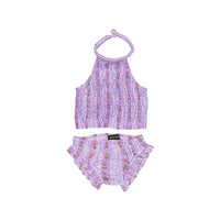 Bonjour Beach Set - Purple Hand Block Flower Stripe Print - Coton Voile