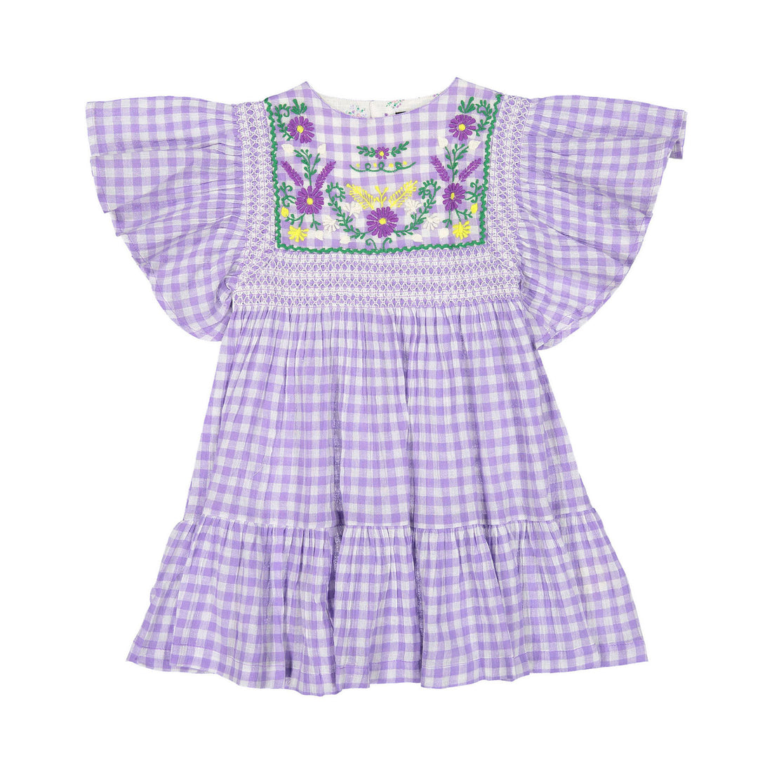Bonjour Rosalie Dress With Short Sleeves - Violet Gingham Crepon Voile