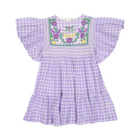 Bonjour Rosalie Dress With Short Sleeves - Violet Gingham Crepon Voile