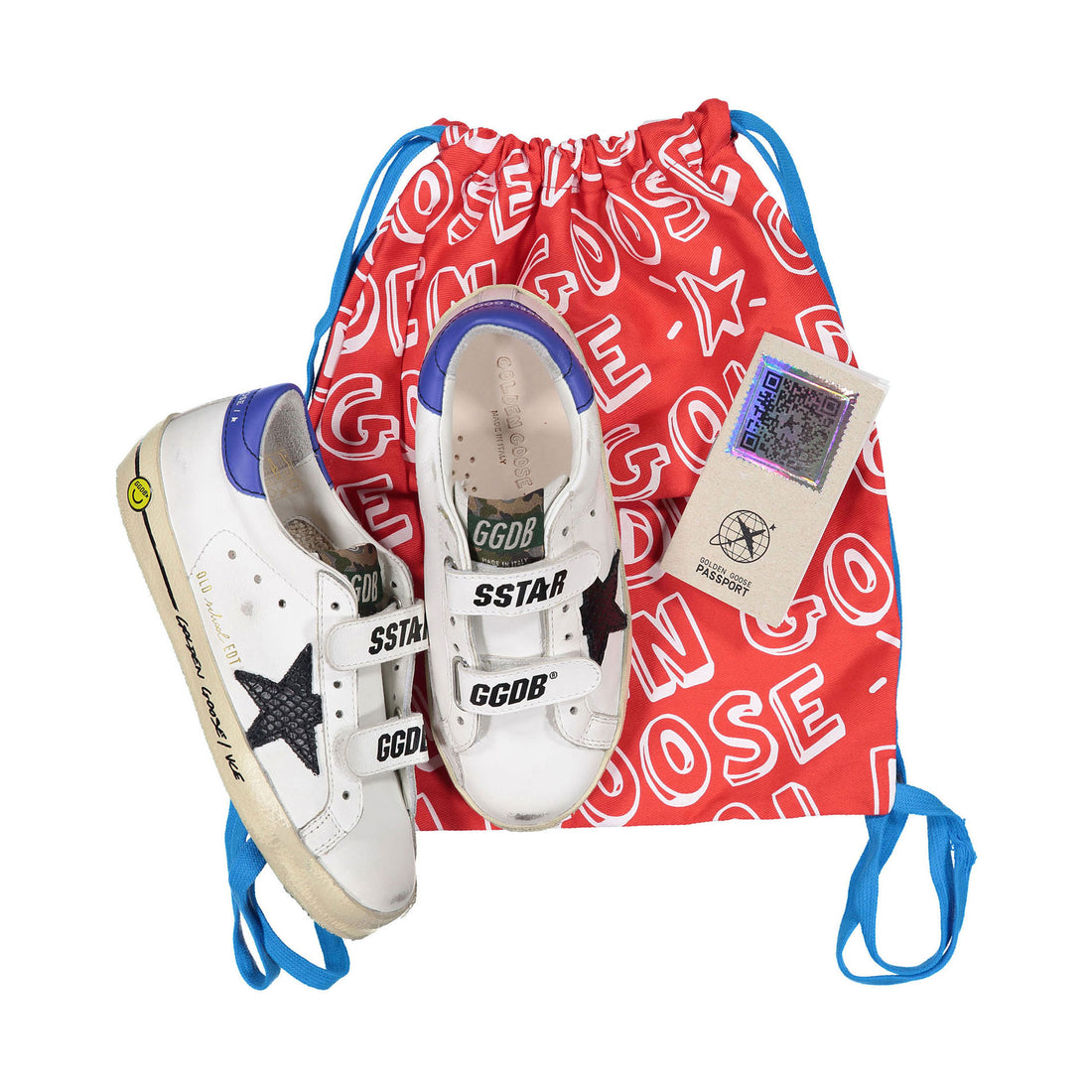 Golden Goose White/Black/Blue Old School Strap Sneakers