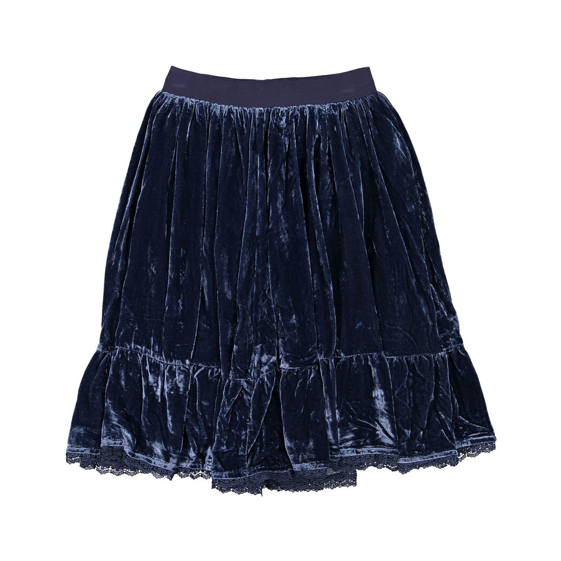 Petite Amalie Navy Velvet Frill Hem Skirt