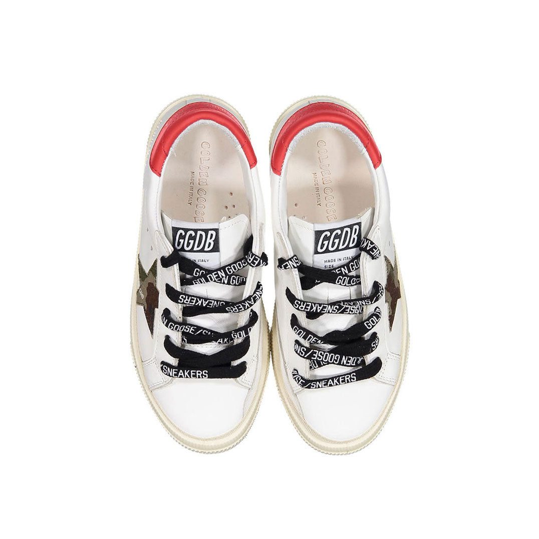 Golden Goose White/Green Camouflage/Red May Leather Sneakers