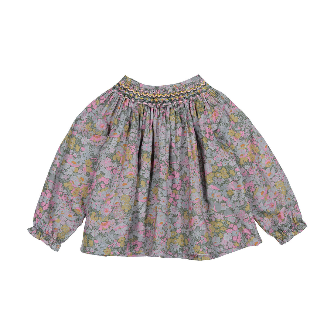 Bonpoint Green-Grey Floral Smocked Baby Blouse