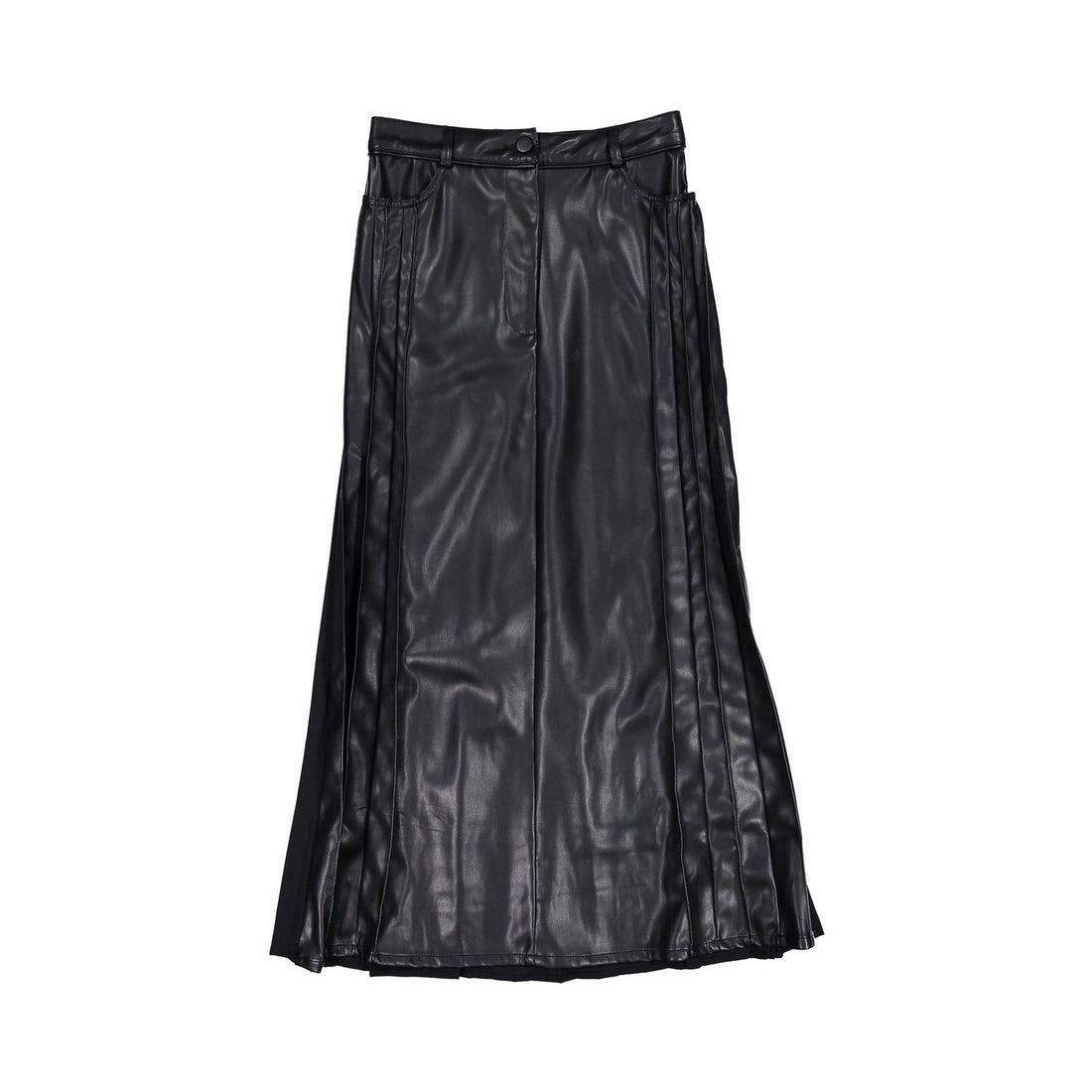 Ava Jeans Black Leather + Pleated Back Maxi Skirt