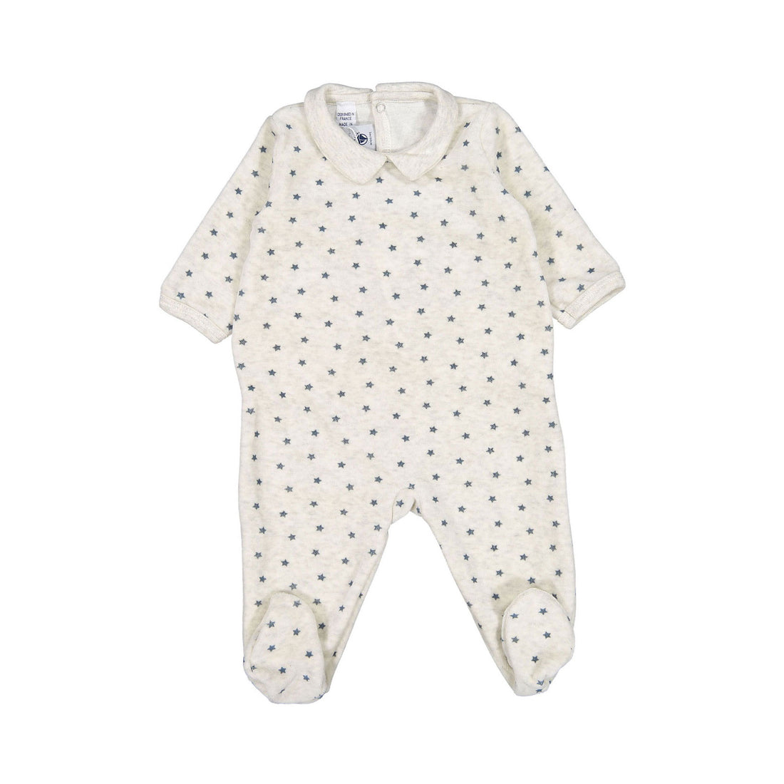 Petit Bateau Baby Back Snap Velour Star Print Footie With Collar