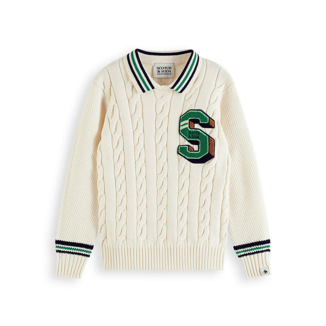 Scotch Shrunk Ecru Cable Knit Pullover With Collar