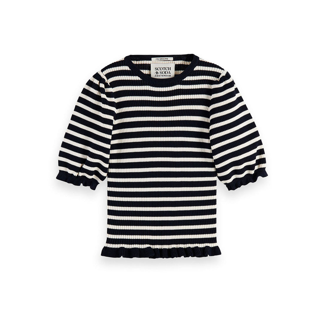 Scotch Shrunk Striped Voluminous-Sleeved Fitted Rib Knit Pullover
