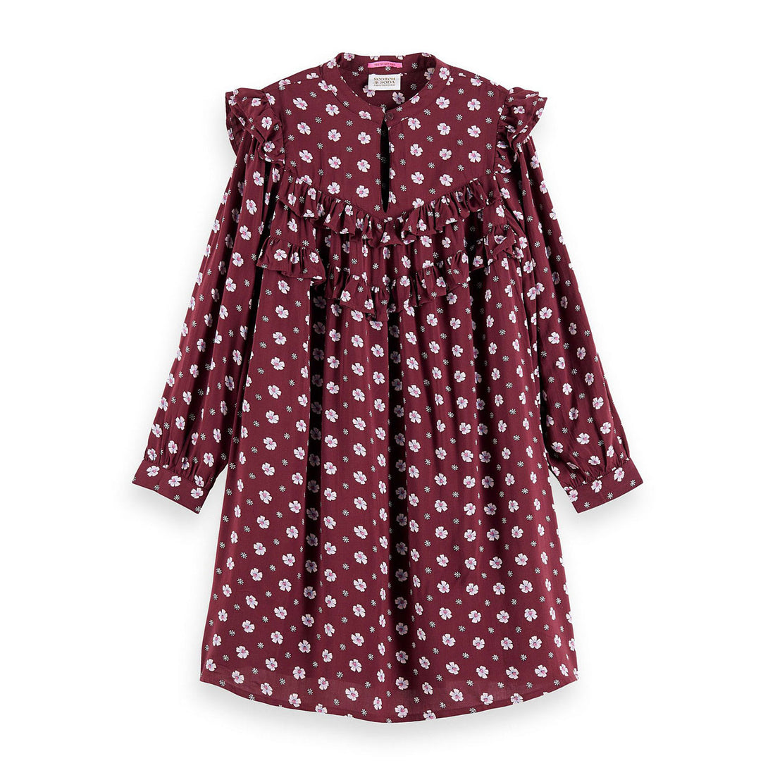 Scotch Shrunk Burgundy All Over Printed Ruffle Mini-Length Dress