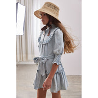 Steph Light Denim Embroidered Dot Elbow Sleeve Dress