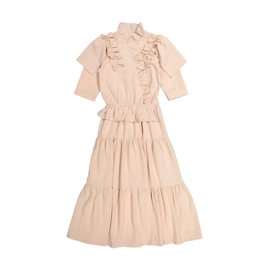 Ava and Lu Powder Ruffle Embroidered Midi Dress