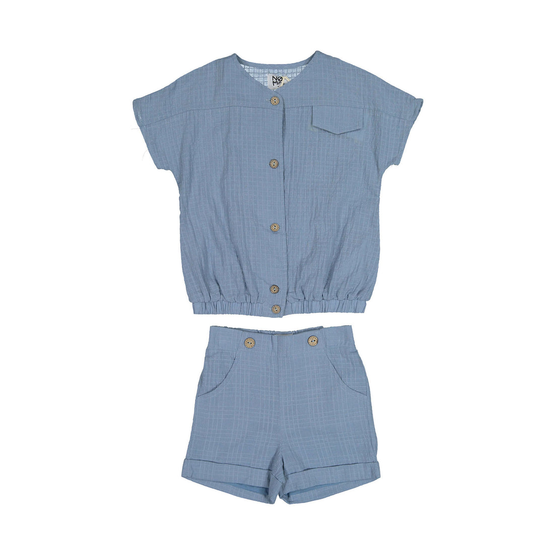 Noma Powder Blue Plaid Texture Muslin Button Detail Shirt Set