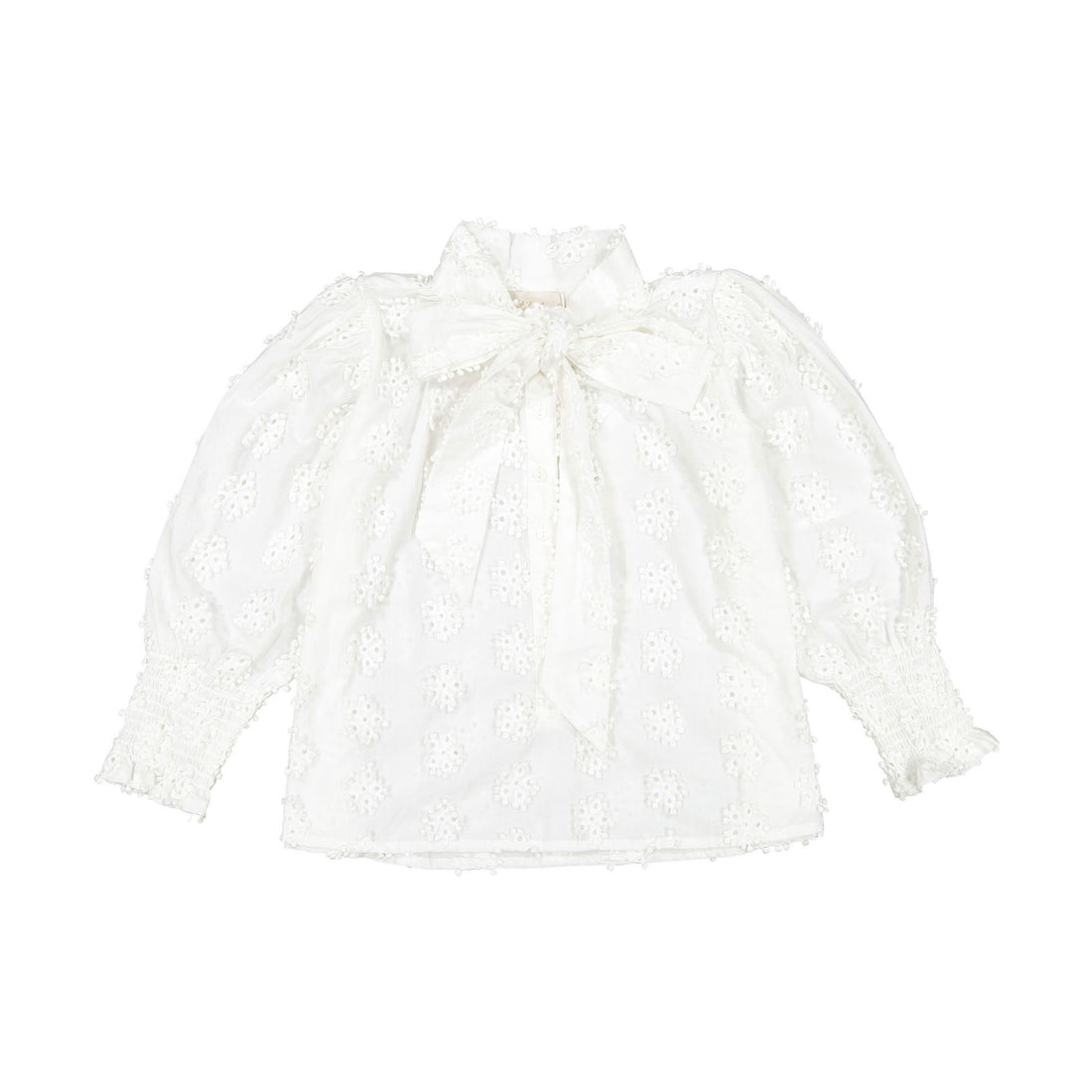 Petite Amalie White Daisy Embrodiered Bow Blouse