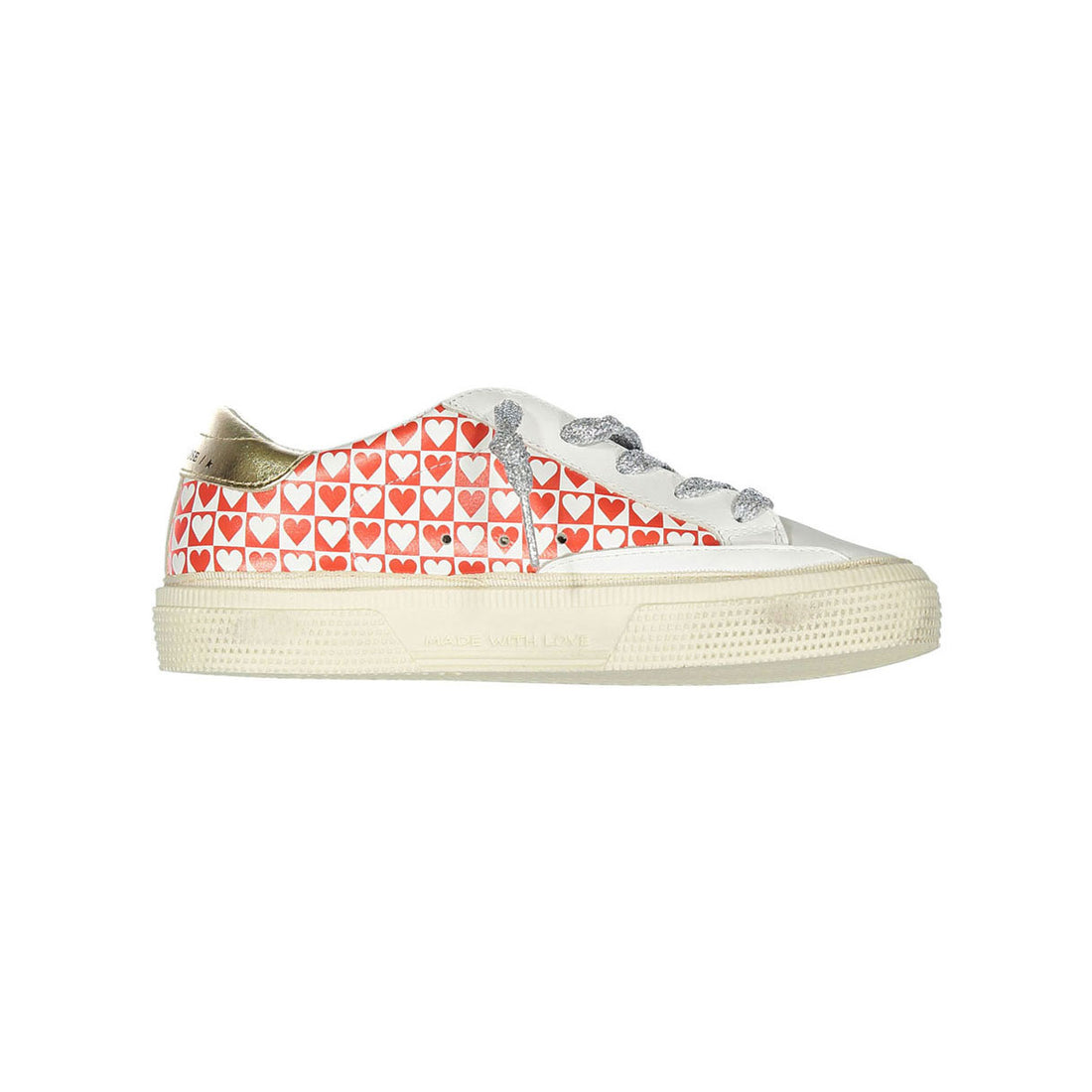 Golden Goose White/Red Hearts May Sneakers