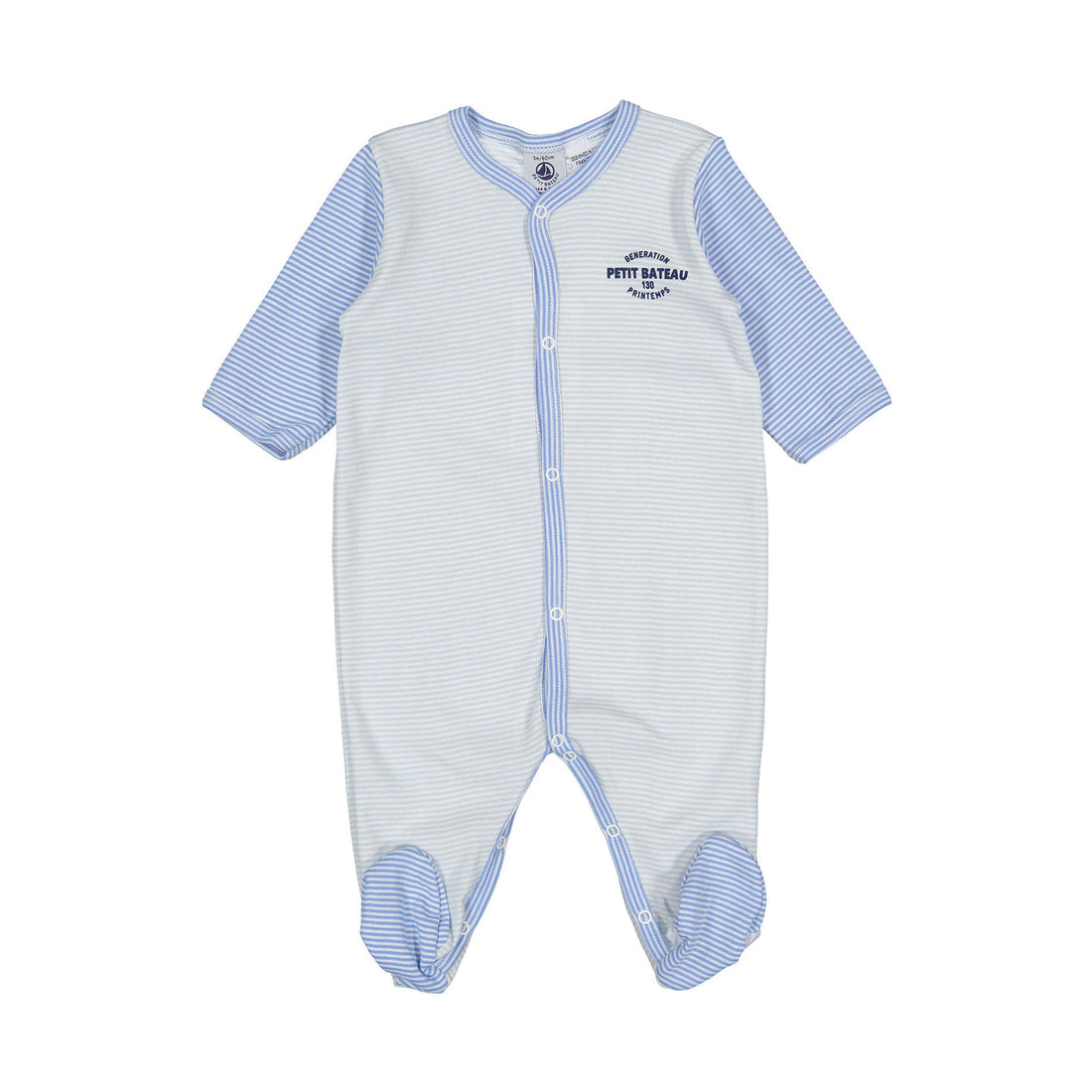 Petit Bateau Front Snap Blue Striped Footie With Logo