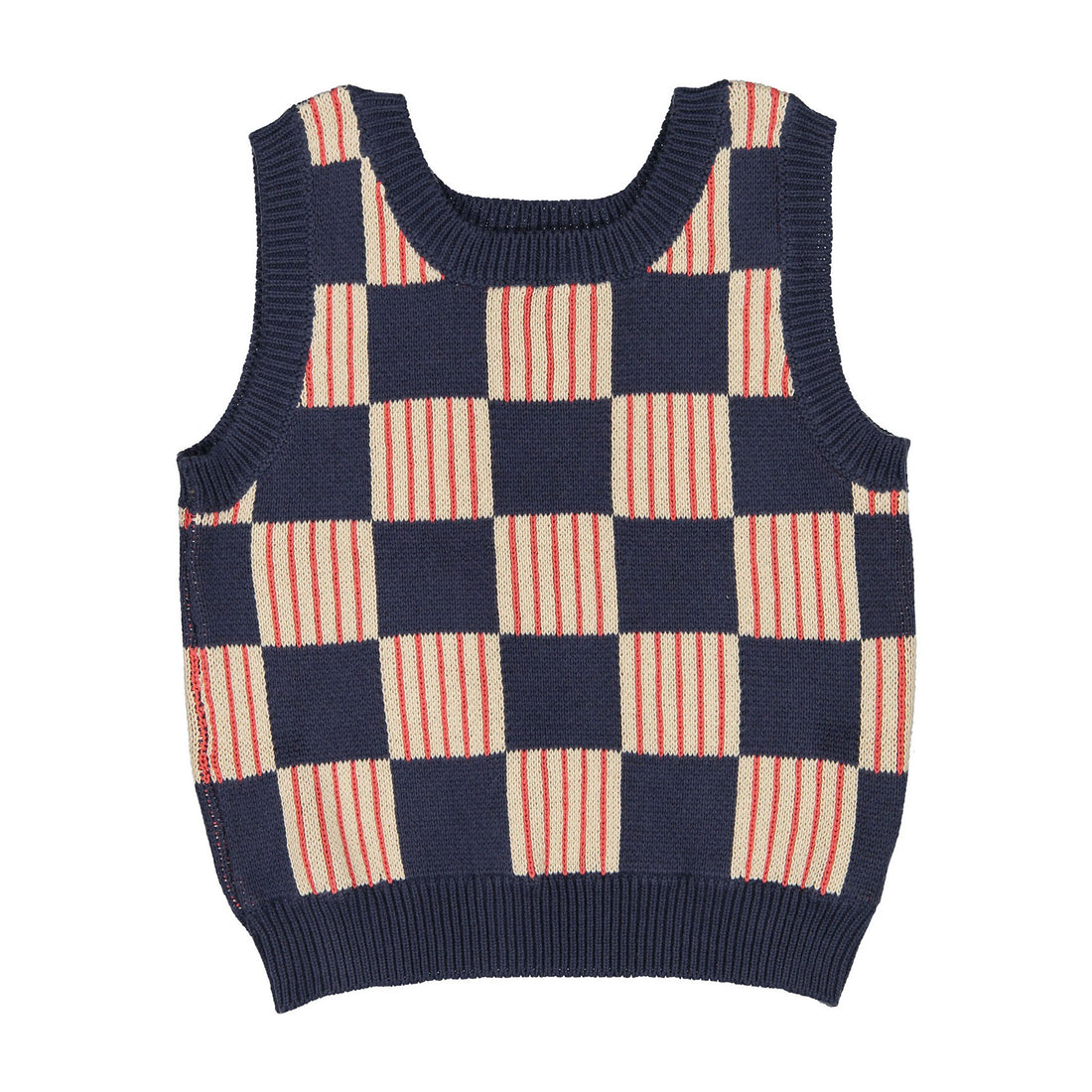 Oeuf Indigo Patchwork Knit Motif Vest