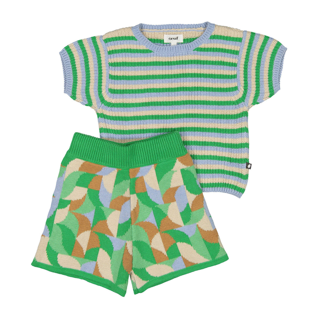 Oeuf Fougere Tri Stripe Geometric Knit Short Set