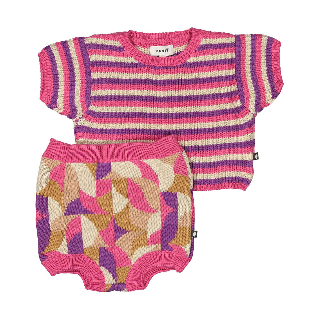 Oeuf Fuschia Tri Stripe Geometric Knit Bloomer Set