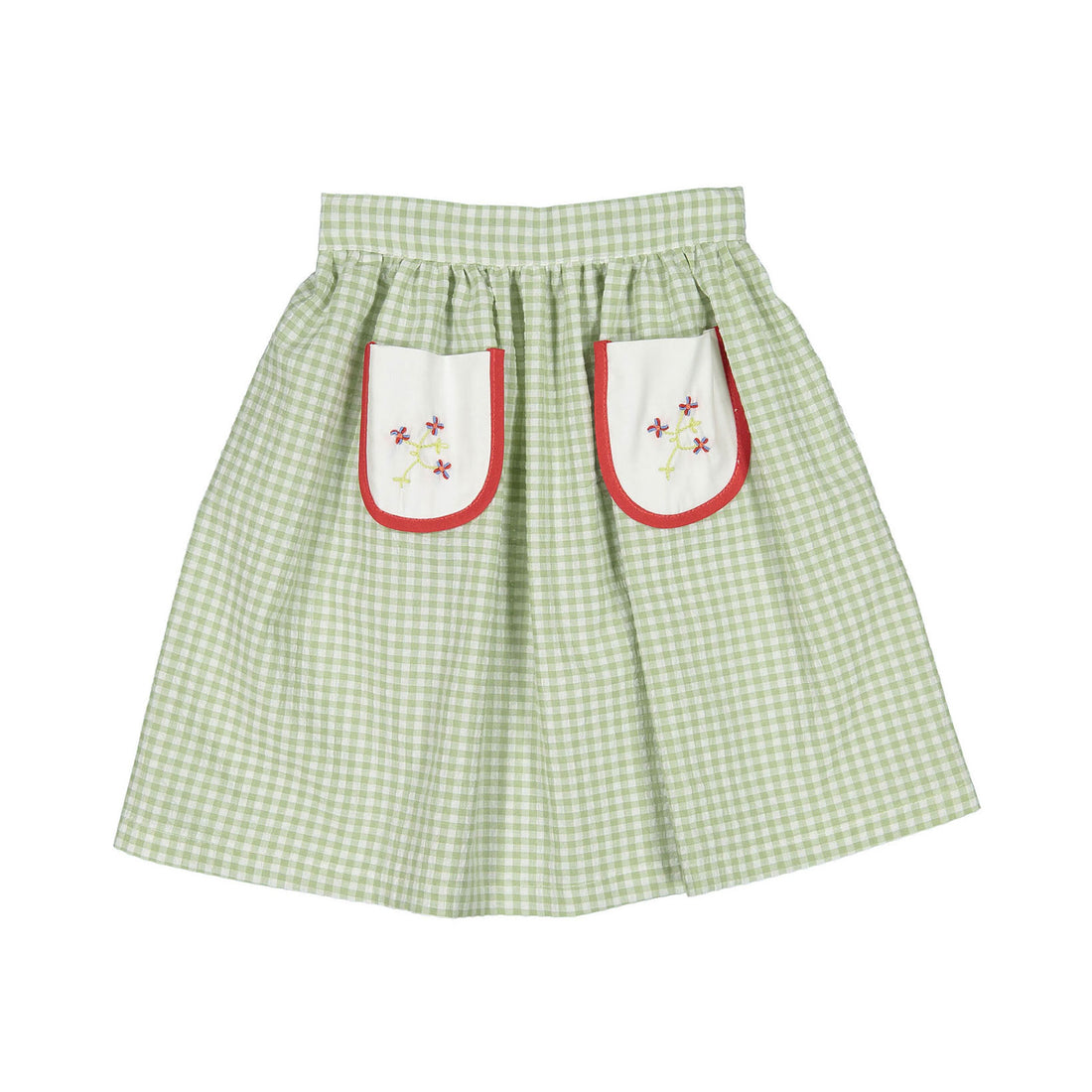 Birinit Green Gingham Embroidered Midi Skirt