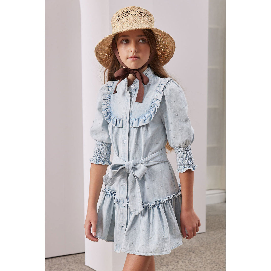 Steph Light Denim Embroidered Dot Elbow Sleeve Dress Ladida Steph Light Denim Embroidered Dot Elbow Sleeve Dress Ladida