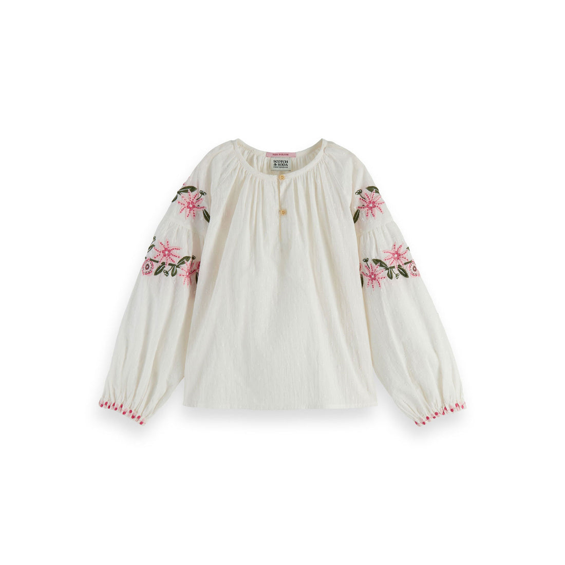 Scotch Shrunk Vanilla Long Sleeve Flower Embroidered Top