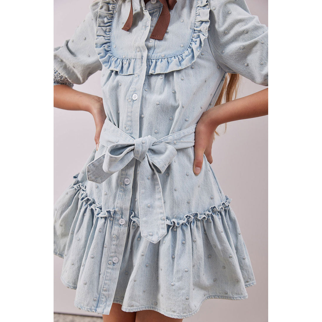 Steph Light Denim Embroidered Dot Elbow Sleeve Dress