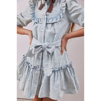 Steph Light Denim Embroidered Dot Elbow Sleeve Dress