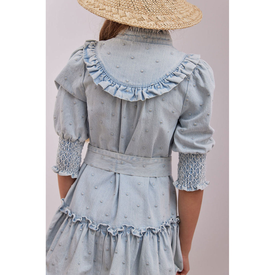 Steph Light Denim Embroidered Dot Elbow Sleeve Dress – Ladida