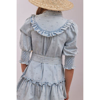Steph Light Denim Embroidered Dot Elbow Sleeve Dress