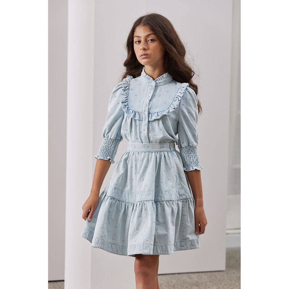 Steph Light Denim Embroidered Dot Elbow Sleeve Shirt