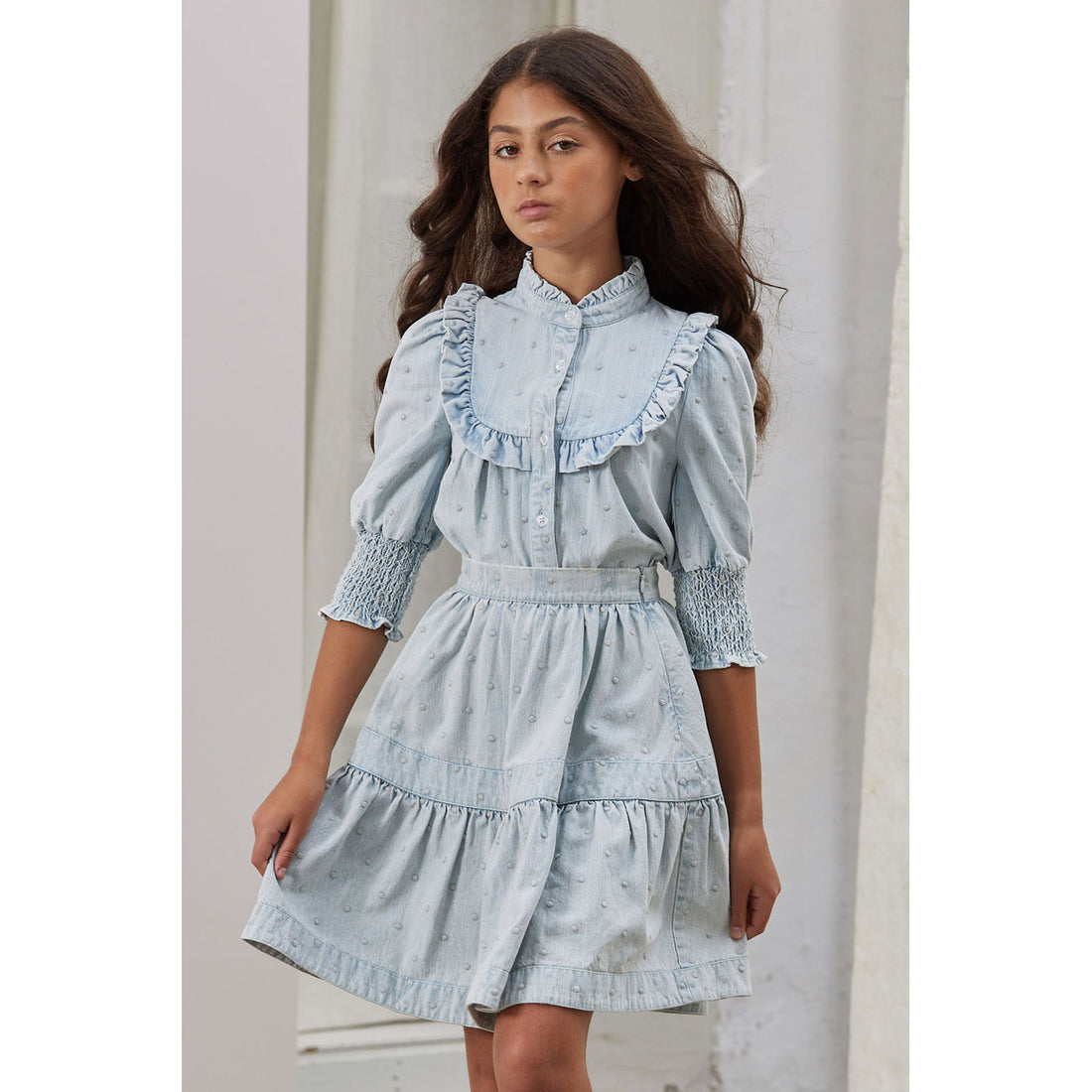 Steph Light Denim Embroidered Dot Elbow Sleeve Shirt