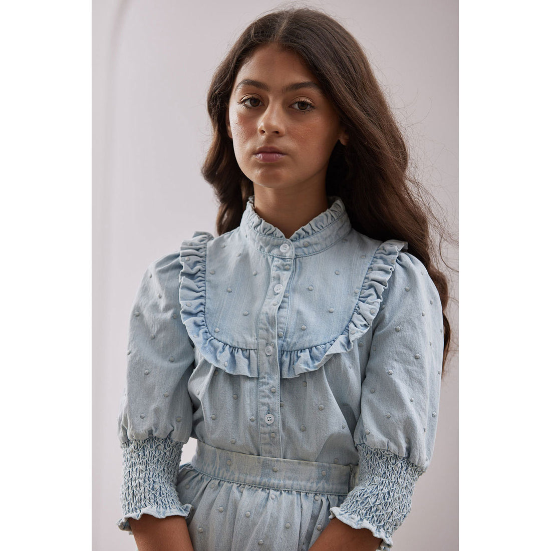 Steph Light Denim Embroidered Dot Elbow Sleeve Shirt