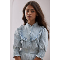 Steph Light Denim Embroidered Dot Elbow Sleeve Shirt