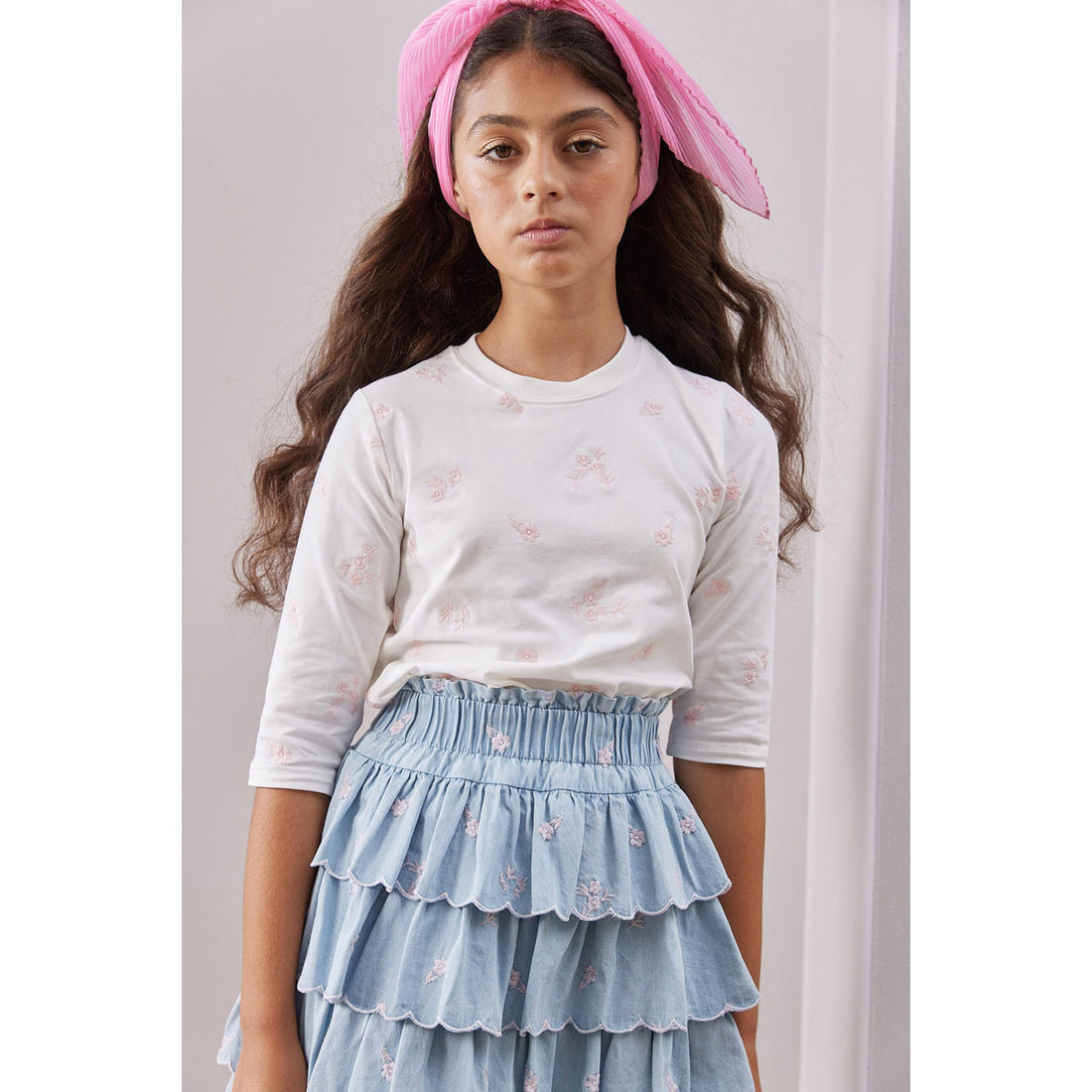 Steph White/Pink Embroidered T-Shirt