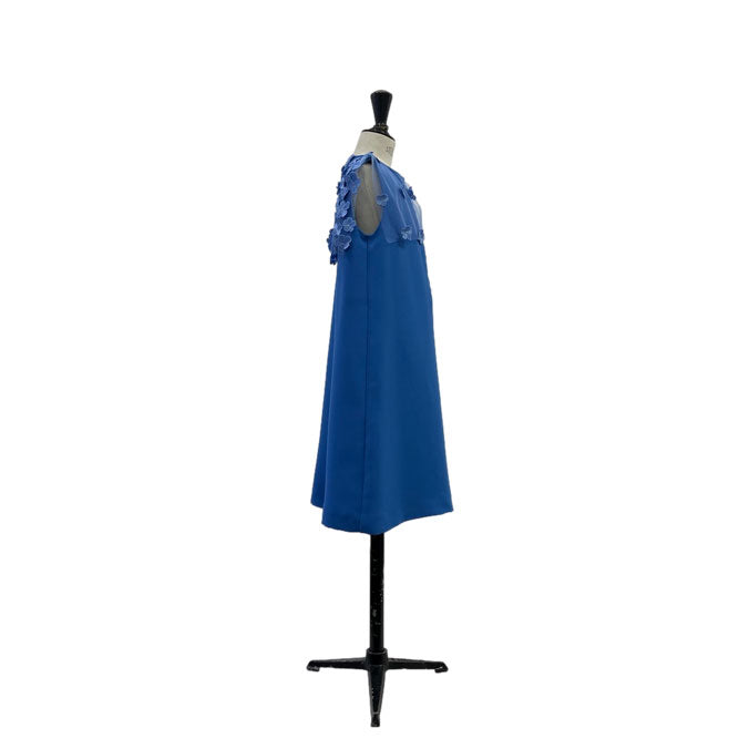 Lemoniez Zafire Blue Crepe Sleeveless Tulle Collar Blossoming Dress