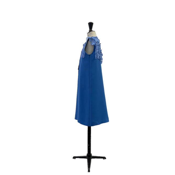 Lemoniez Zafire Blue Crepe Sleeveless Tulle Collar Blossoming Dress