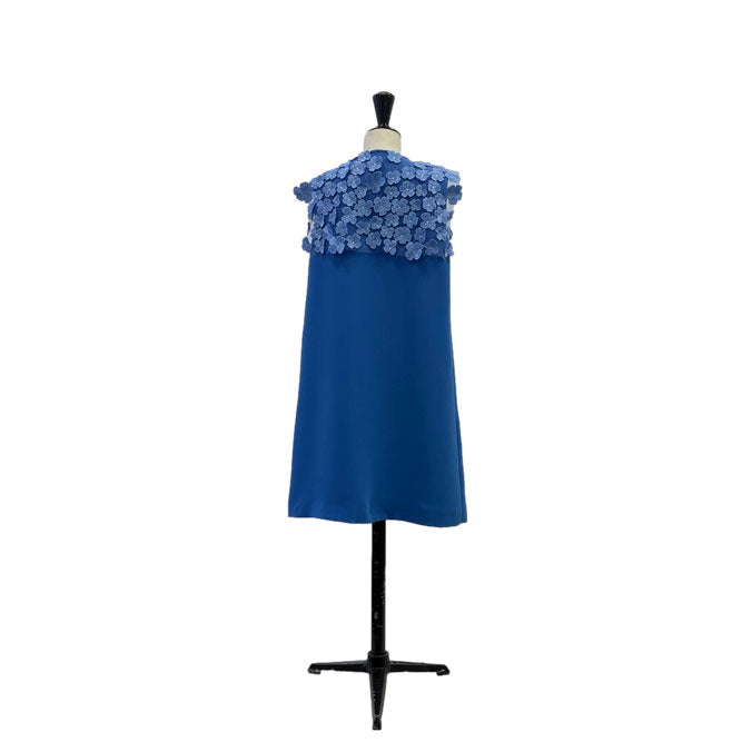 Lemoniez Zafire Blue Crepe Sleeveless Tulle Collar Blossoming Dress