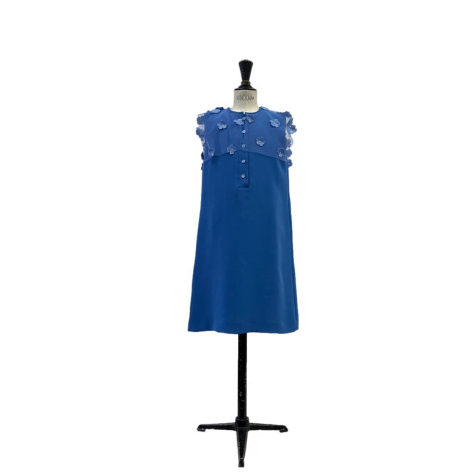 Lemoniez Zafire Blue Crepe Sleeveless Tulle Collar Blossoming Dress