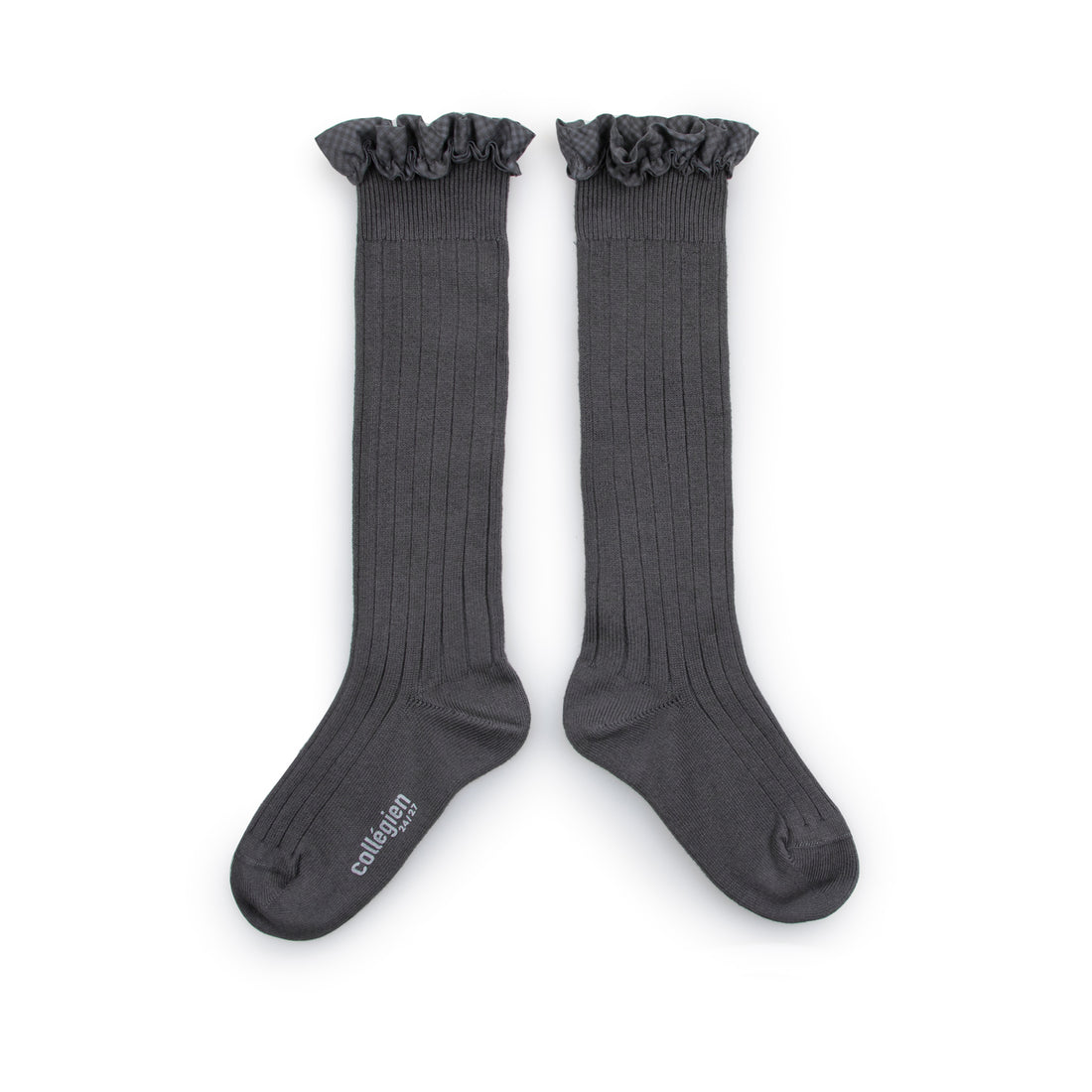 Collegien Apolline - Gingham Ruffle Ribbed Socks - Pebble Gray