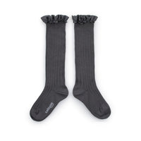 Collegien Apolline - Gingham Ruffle Ribbed Socks - Pebble Gray