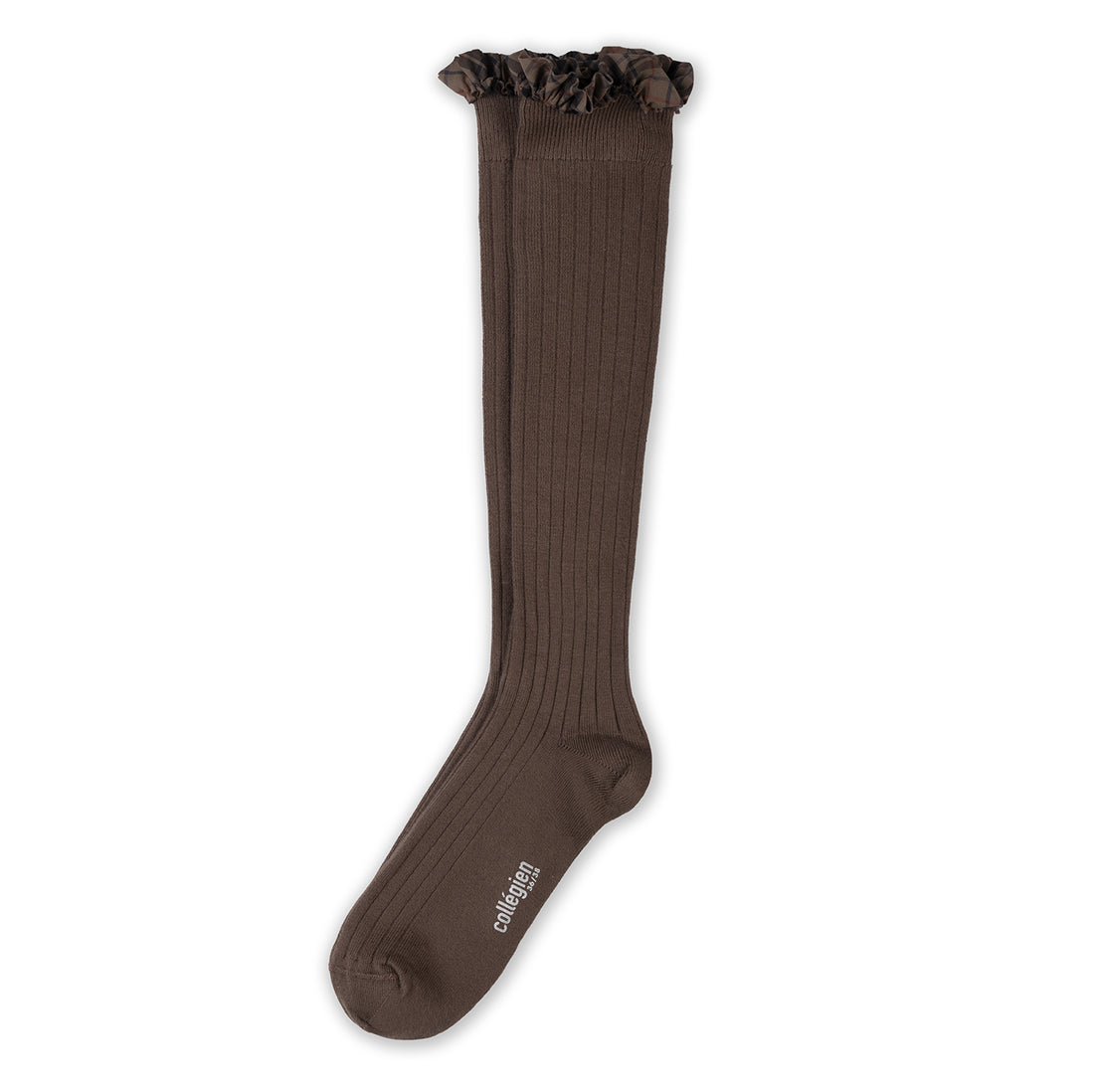 Collegien Arabelle - Tartan Ruffle Ribbed Socks - Milk Chocolate