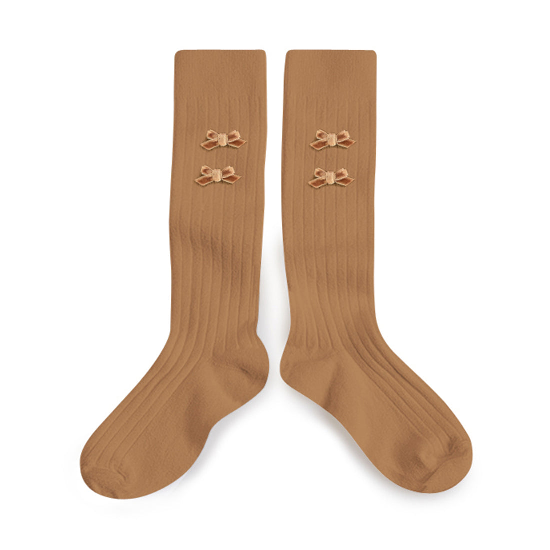 Collegien Hortense - Ribbed Socks with Velvel Bows - Caramel